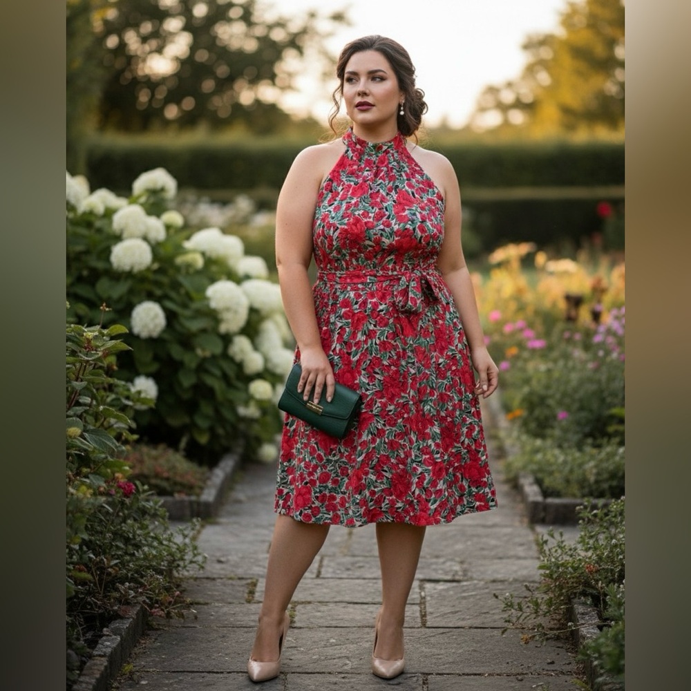 SHEIN Red and Green Floral Midi Dress